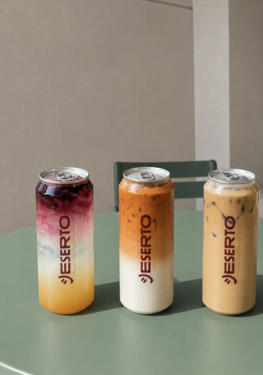 Three Deserto canned drinks — a mango tonic, a lavender latte and a chai latte — lined up on a green café table